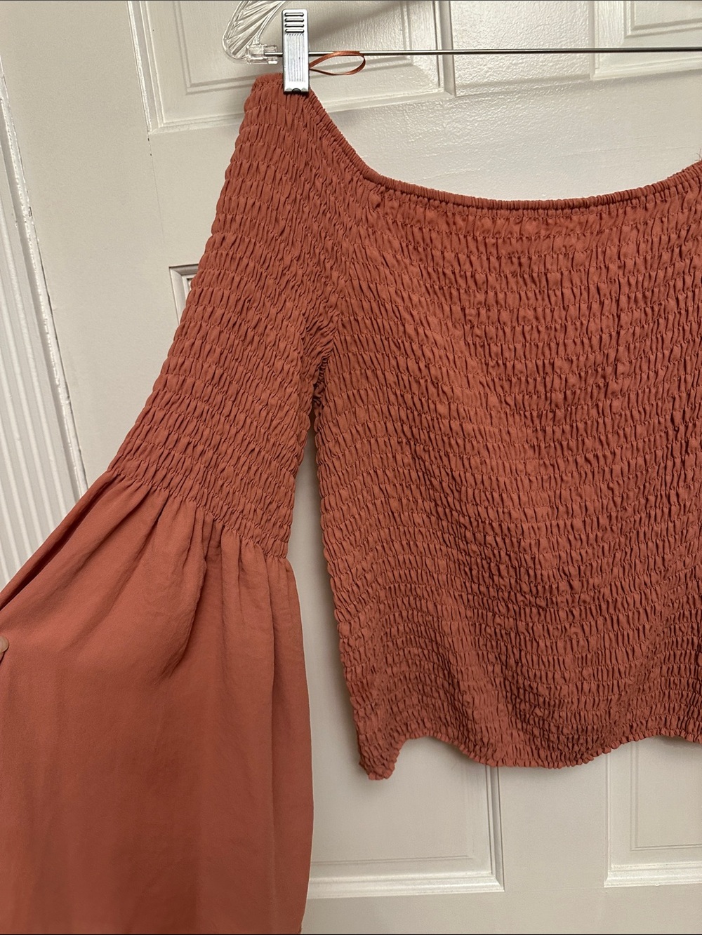 Express Smocked Off-Shoulder Blouse in Rust
